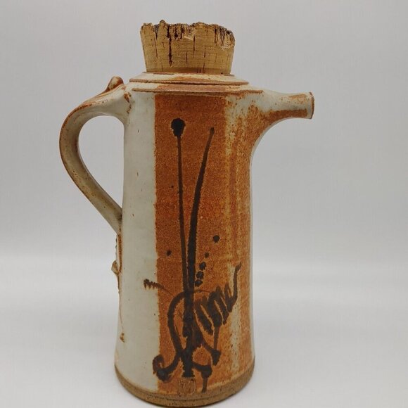 John Natale Vintage Pottery Brown Beige Clay Carafe with Cork Lid 7 Wine Cups - Picture 5 of 12